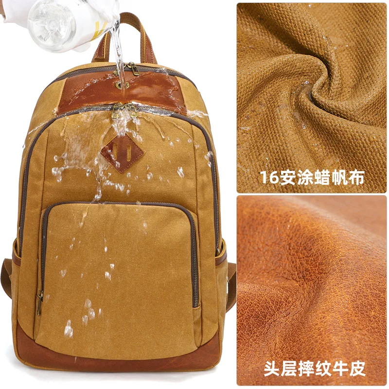 Retro Men's Backpack Waterproof Wax Dyed Canvas Bag Large Capacity Outdoor Travel Multifunctional Computer Bag 4