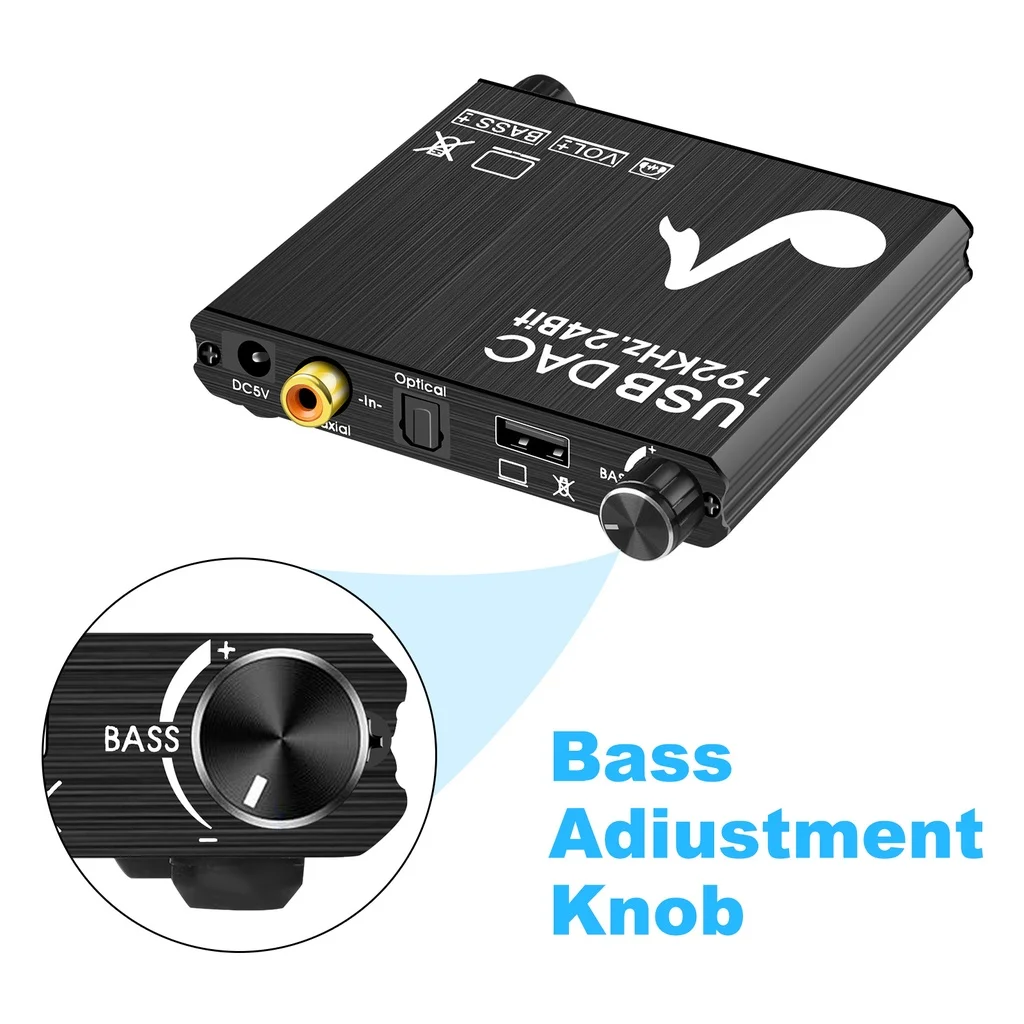 USB DAC 192kHz 24 비트 디지털 아날로그 변환기, 베이스 및 볼륨 제어, 동축 토스링크 스테레오 L/R RCA, PC 노트북 TV PS5 용