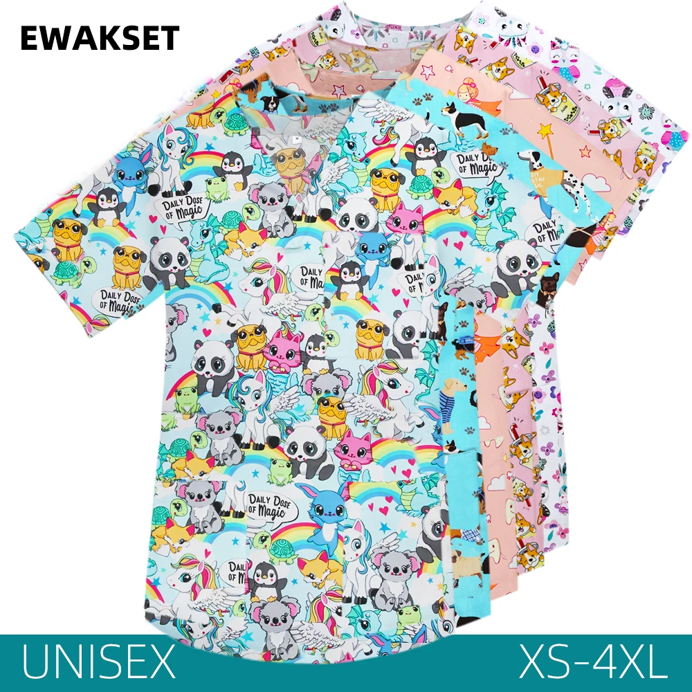 Women Short Sleeve V Neck Medical Scrubs Printed Scrubs Tops Beauty salon Uniform Hospital Nurse working Blouse Lab Unifroms