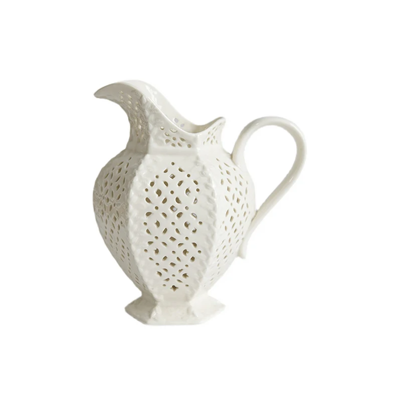 

High Quality Cream Color New Bone China Full Hand Carved Hollow Pitcher Home Decoration Ornaments
