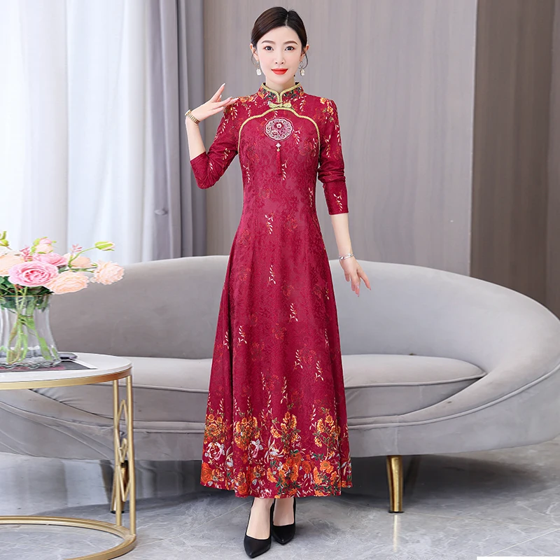 

Autumn Retro Print Bottom Skirt Chinese Style Loose Tight Holiday Dress 2023 New Fashion Luxury Banquet Dress Vestidos