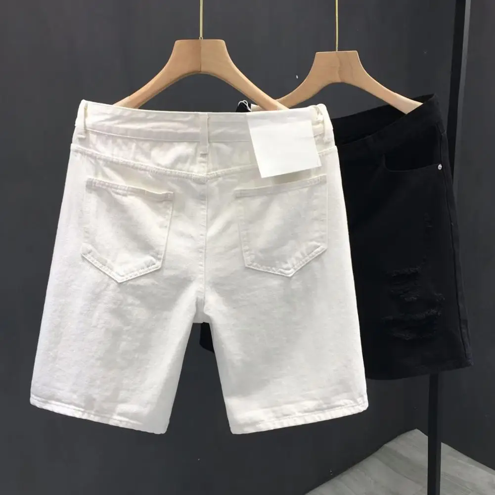 New White Denim Shorts Men Ripped Knee Length Fashion Jeans Casual Ripped Hole Slim Male Short Pants Streetwear Shorts