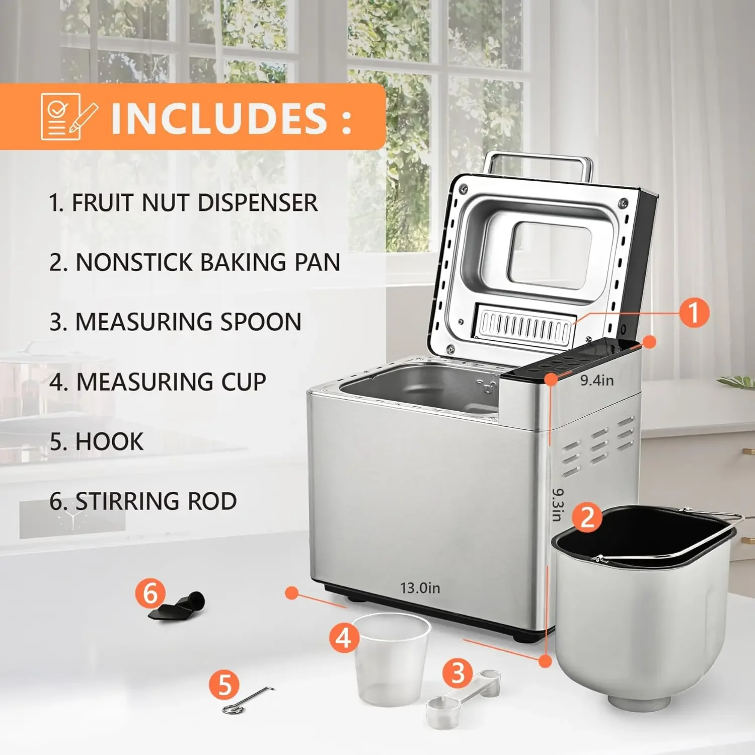 Bread Maker Machine 13 Program 2LB Bread Maker, Bread Machine with 3 Loaf Sizes and 3 Crust Colors, Breadmaker with Fruit & Nut 6