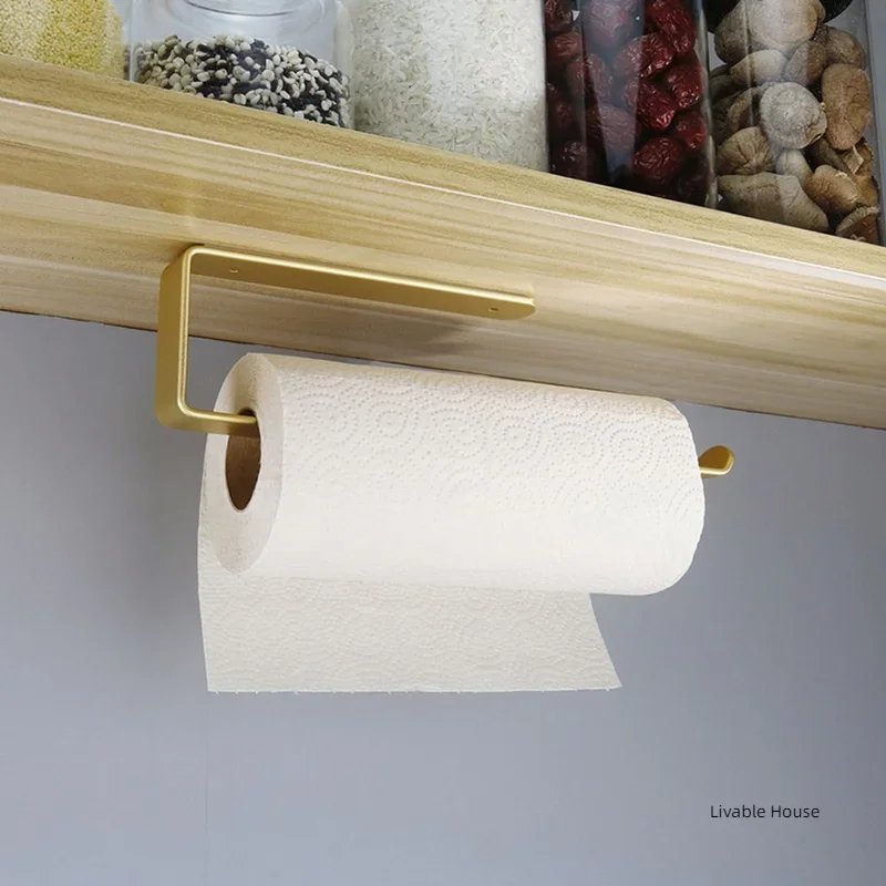 Towel Holder Bathroom Rack Bar Golden Kitchen Roll Paper Hand Towel Hanger Self Hanger Self Storage Shelf Punching