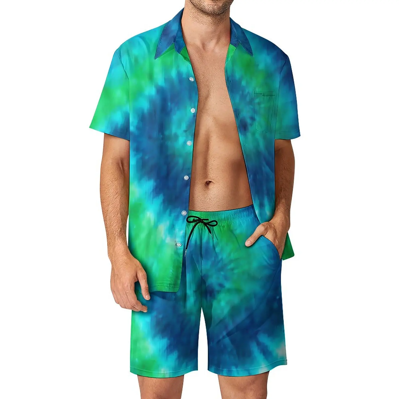 

Мужские повседневные шорты с принтом Tie Dye, голубые и зеленые шорты, модный пляжный комплект рубашек с коротким рукавом, вариант для подарка