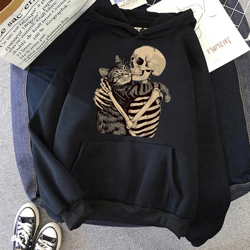 Halloween Skull and Cat Print Kangaroo Pocket Hoodies Fall Winter Long Sleeve Sweatshirt Unisex Funny Vintage Hooded 90s Clothes