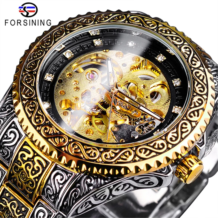 Forsining 378B Automatic Mechanical Wristwatch Waterproof Stainless Steel Diamond Watch Golden Men's Clock Vintage Reloj