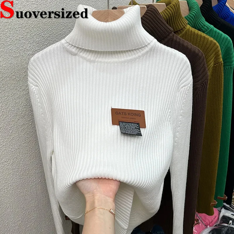 

Fall Winter Women Turtleneck Sweater Korean Slim Long Sleeve Tops Casual Solid Color Knitted Jumper White Chic Bottomed Pullover