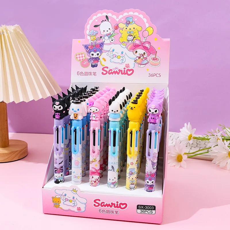 36pcs-sanrio-6-colors-ball-point-pen-kawaii-kuromi-cinnamoroll-multicolor-pen-melody-gel-pen-school-office-supplies-stationery