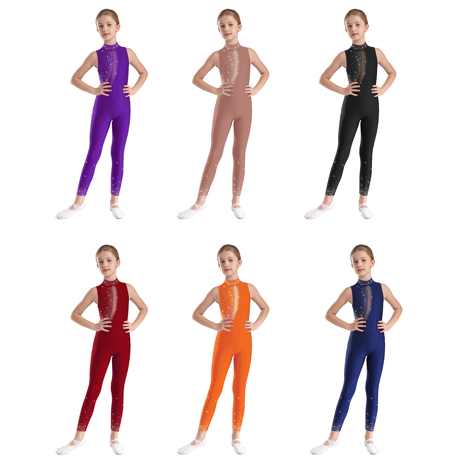 Girls Figure Skating Leotard Mock Neck Sheer Mesh Patchwork Sleeveless Cutout Back Dance Bodysuit for Gymnastics Ballet Leotard Dance Leotard