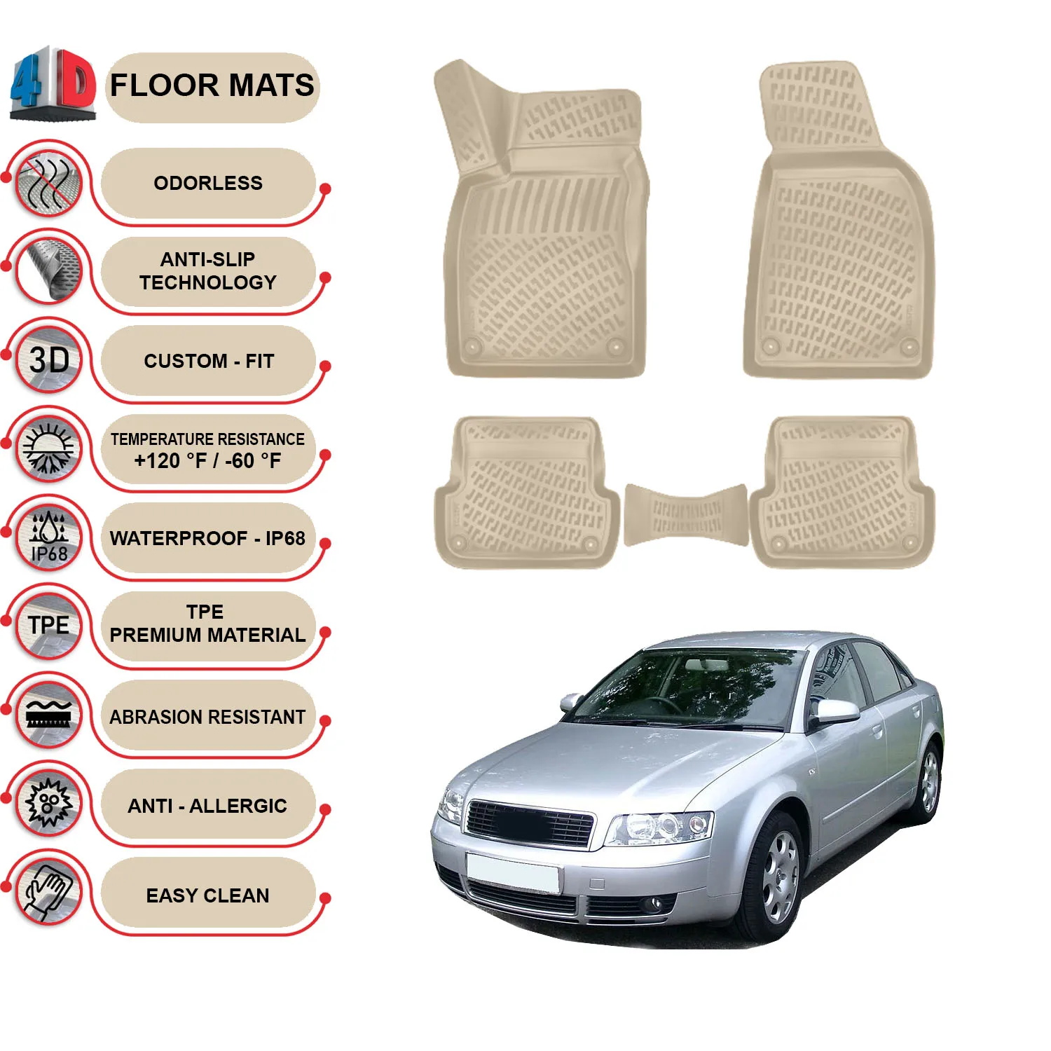 

Audi A4 / B6 - (2001-2006) Floor Mats Liner Waterproof 3D - (Beige)