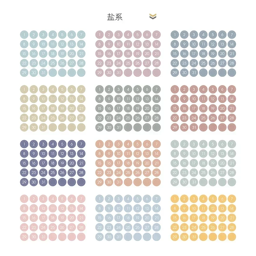 Datum Sticker 1-31. 9 Farben: schwarz, orange, blau, rot, grün, lila