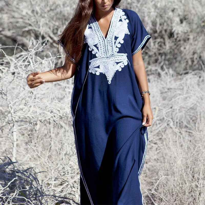 Summer Fashion Loose Casual Beach Holiday Dress Women's Short Sleeve Embroidery Sunscreen Cover-ups Female Clothes Ladies Robe