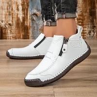 New Classic Handmade Leather Men's Shoes with Zipper Design Outdoor Sneakers Casual Flat Shoes Men Work Shoes Ankle Boots