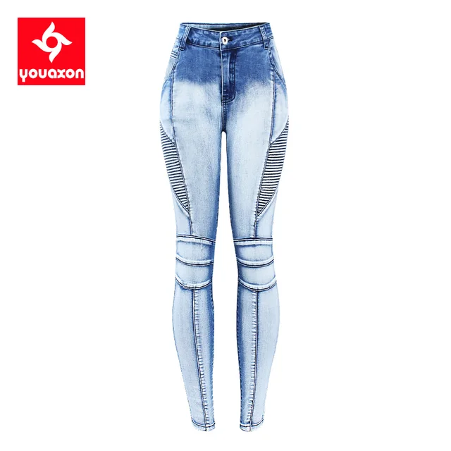 2236 Youaxon New Arrived Eu Size Motor Biker Jeans Woman 5 Pockets Stretch  Bleach Wash Skinny Denim Pants For Women - Jeans - AliExpress