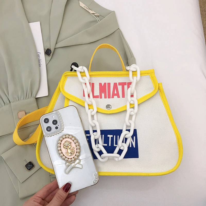 Canvas Women's Shoulder Bag Chain Casual Totes Contrast Color Ladies Crossbody Bag Trend Letter Print Fashion Designer Handbags