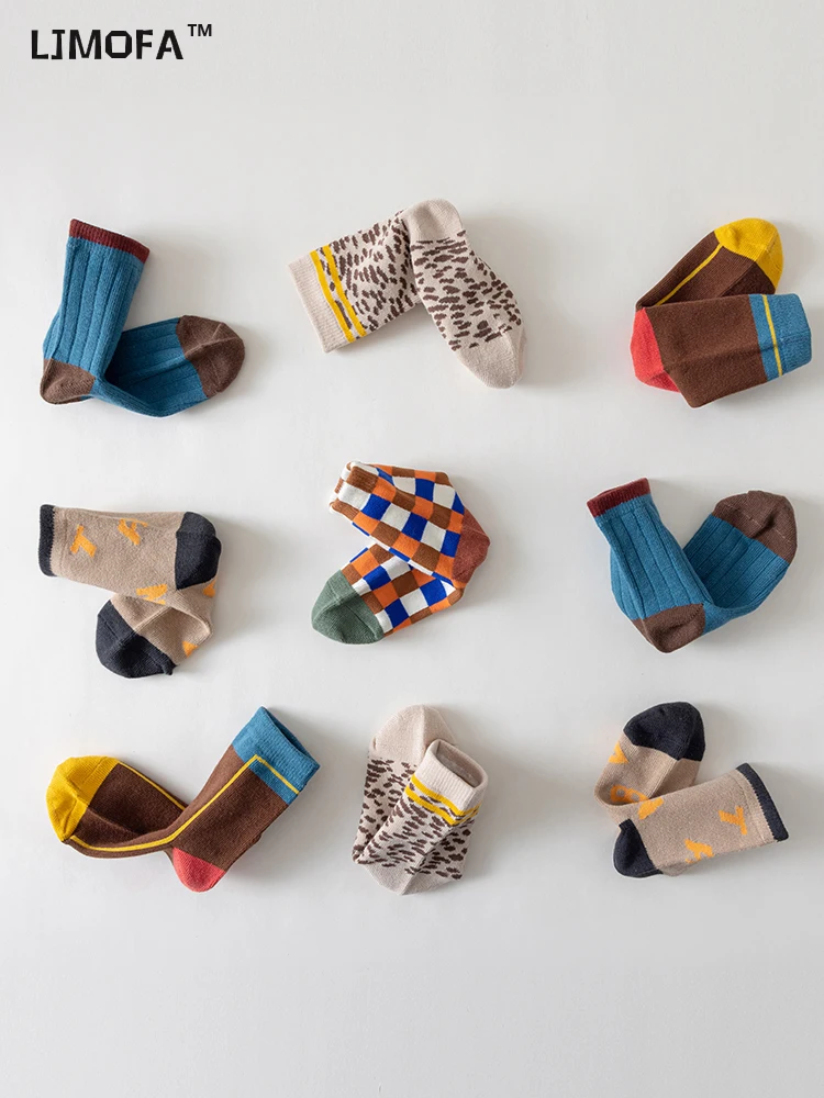 LJMOFA 5 Pairs Cotton Kids Socks Warm Winter Socks Baby Girls Boys Retro Tartan Leopard Pattern Fashion Toddler C161
