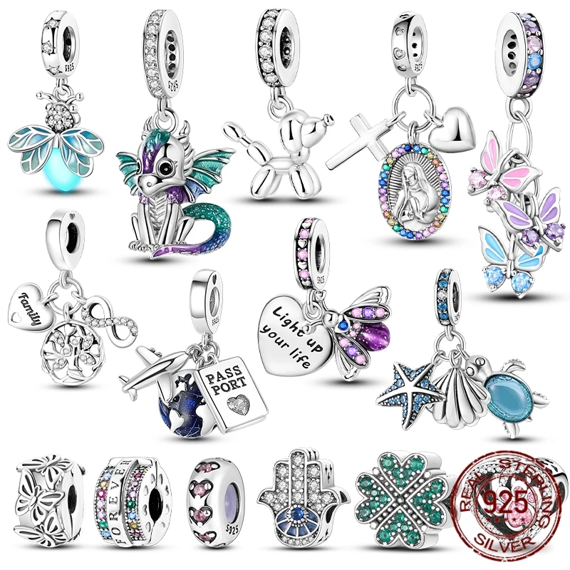 Charm Jewelry 925 Sterling Silver Dragon Firefly Butterfly Puppy Heart Plane Travel Charms for Women