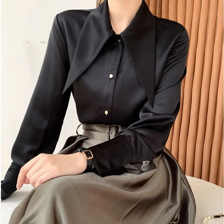 

Large Pointed Neck AcetAte Satin Long Sleeved Women With A Design SenSe Of Niche TemperamenT French Top HigH-end Shirt For