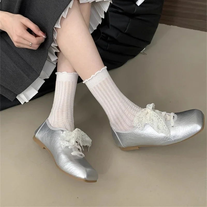 Women's Flat Shoes Lace Square Toe Soft Leather Surface Shoes for Women Dress Autumn Spring Sweet Cool New Zapatillas De Mujer 6