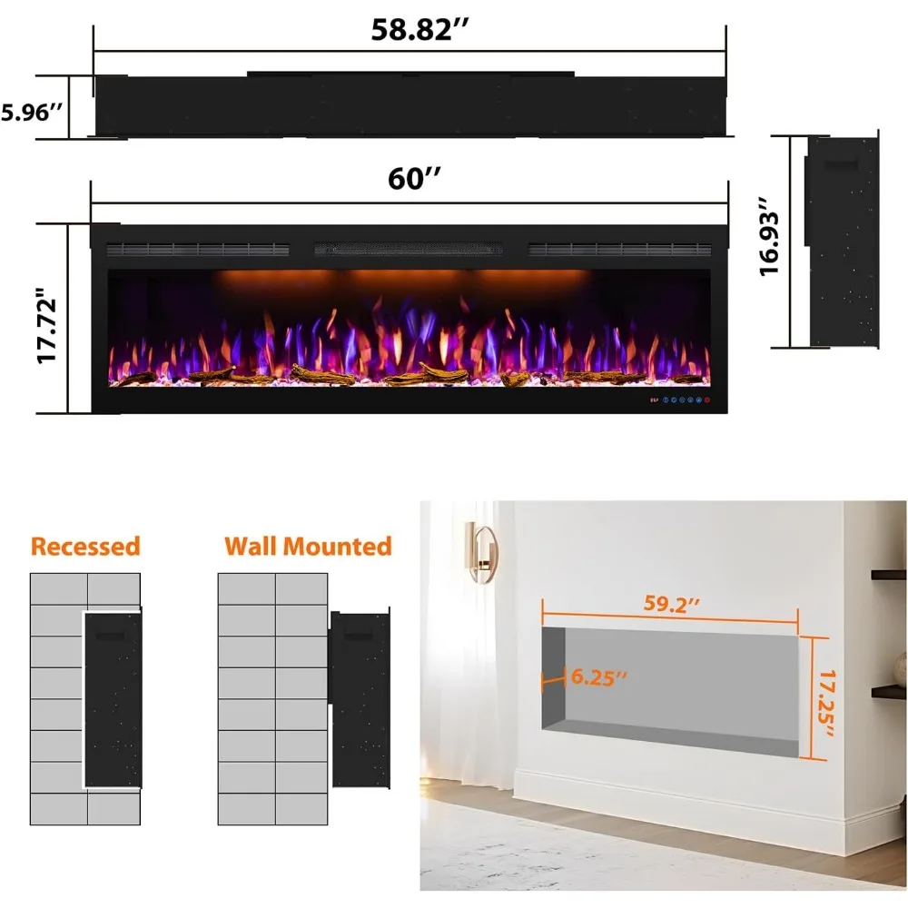 60-inch electric fireplace, recessed and wall mounted slender electric fireplace, 750/1500 watt heater fireplace 3