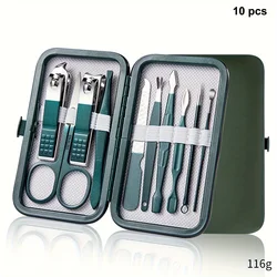 Spring Green Stainless Steel Nail Clippers Set with Portable Case - Manicure Grooming Kit (Green 10 pcs)