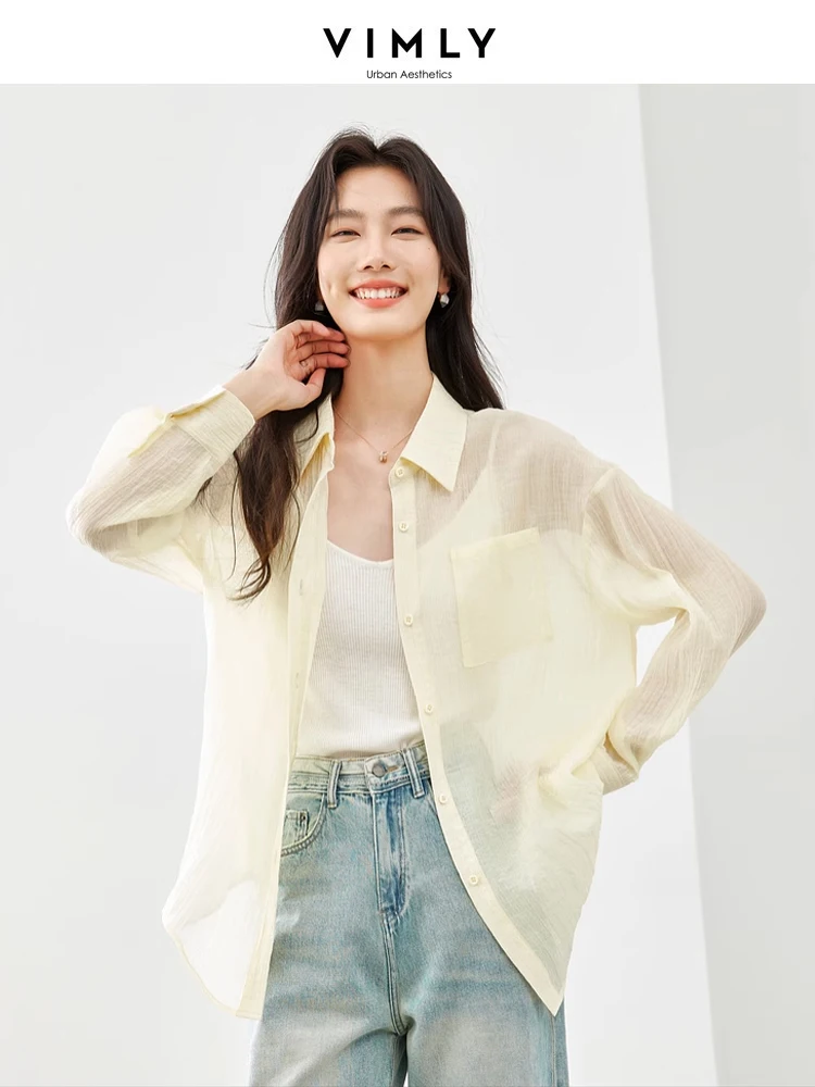 Vimly Light Yellow Straight Loose Sunscreen Outerwear 2024 Spring Thin Casual Button Up Shirt Women's Long Sleeve Tops M3957