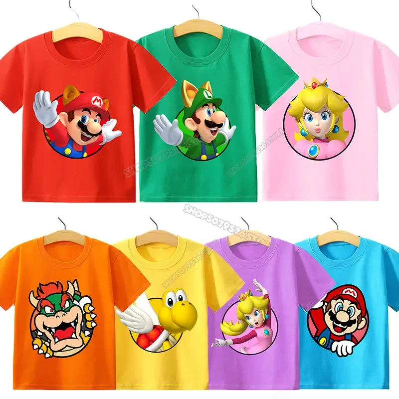 Marios Bros Baby Cotton T Shirt Super Marios Peach Princess Girl T-Shirt Cartoon Anime Toddler Tees Top Summer Kids Clothes
