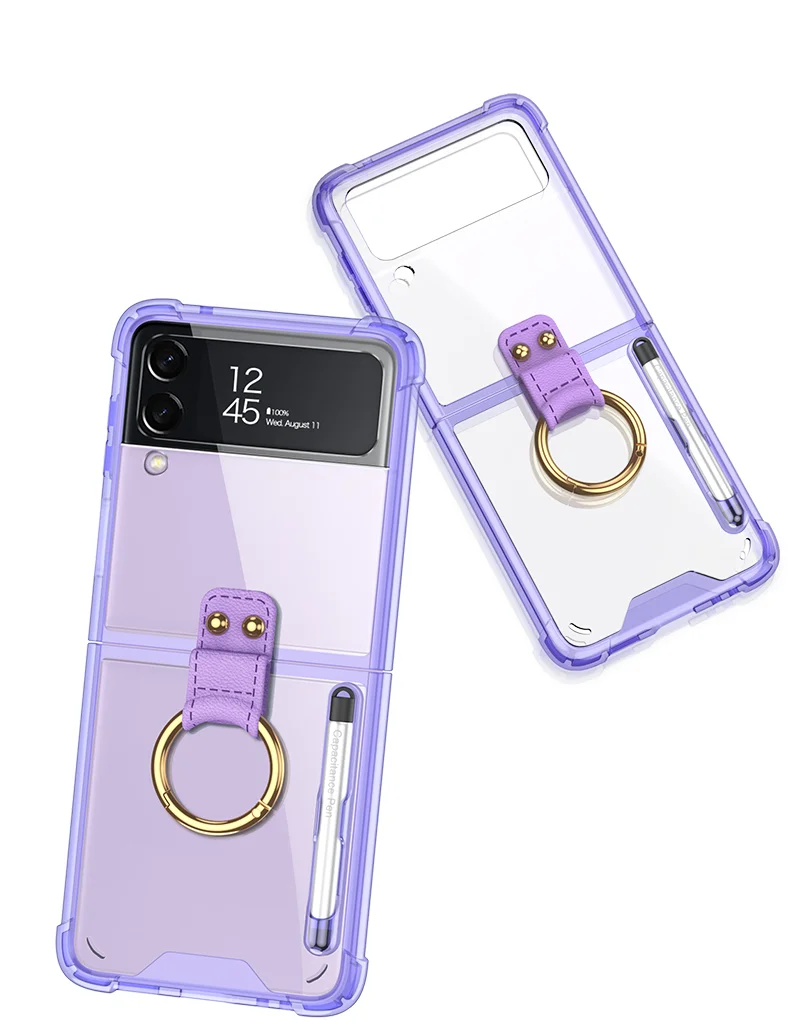 With Pen Anti-Fall Ring Holder Transparent Case For Samsung Galaxy Z Flip 3 5G Ring Bracket Cover Stand Case for Samsung Z Flip3 case for samsung z flip 3