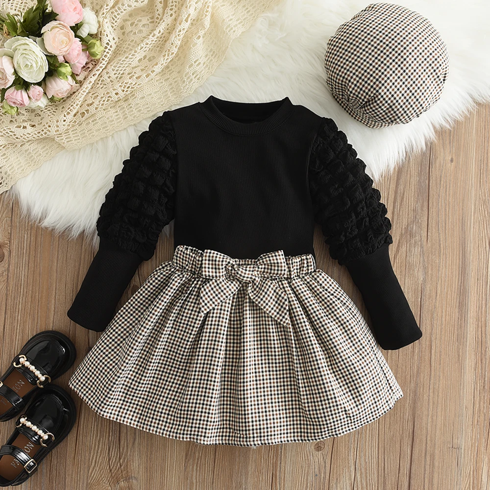Girls' Set Autumn Children's Round Neck Top Bow Plaid Short Skirt Hat Three Piece Children's Fashion Set
