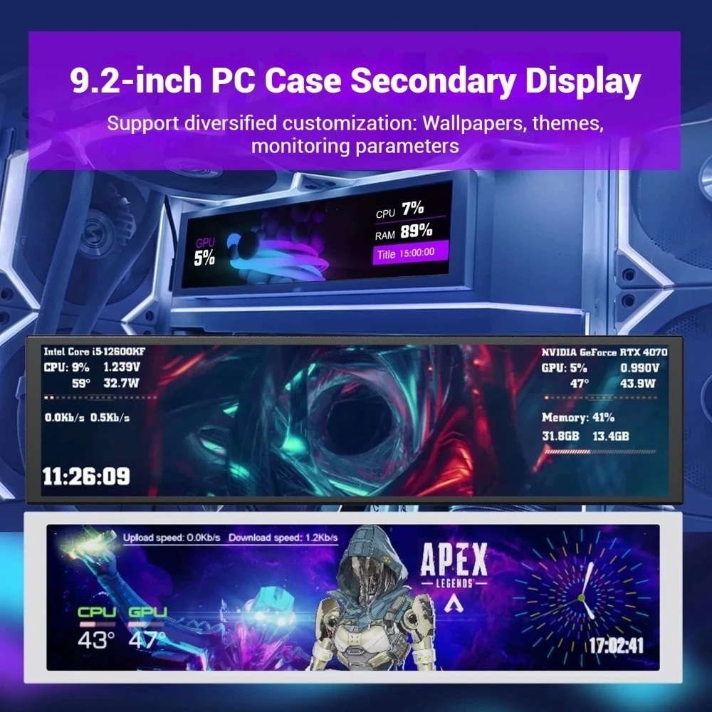 D92 9.2인치 롱 스트립 LCD 스크린 1920*462 HD-MI 드라이버 보드 보조 서브 모니터 맞춤형 패턴 CPU GPU 정보