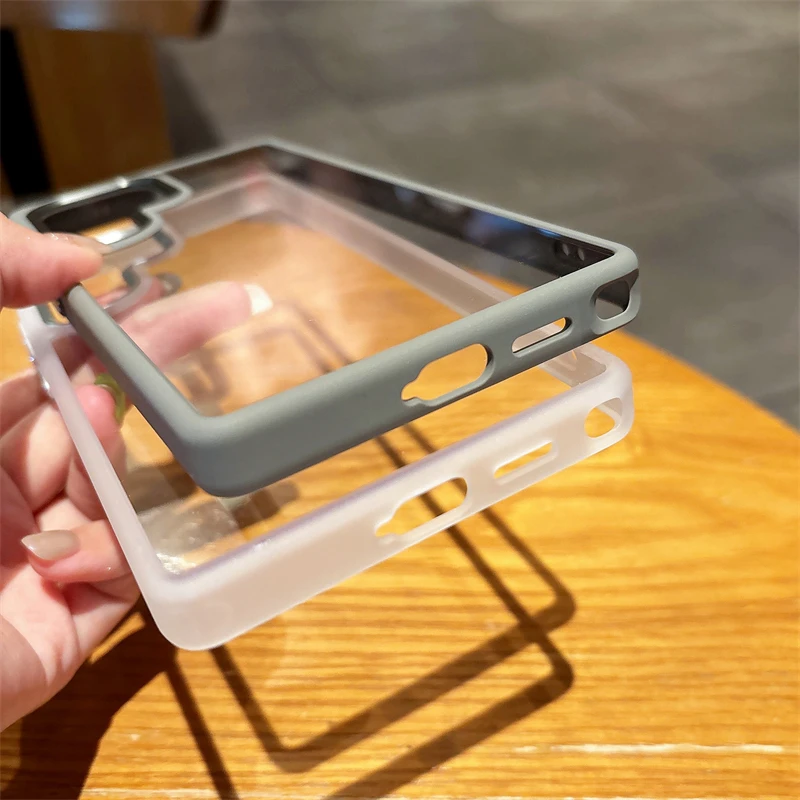 HD Transparent Acrylic Case with Metal Camera Ring and Silicone Bumper Armor, Shockproof Hard Cover