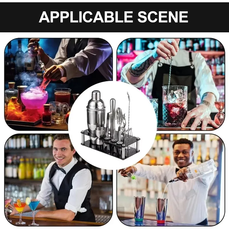 Professional Bar Tool Set Stainless Steel Cocktail Shaker Set Acrylic Stand Bartender Essential Tool for Bar Party Home Use