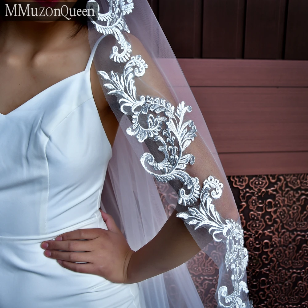 

MMQ M45 Royal Cathedral Wedding Veil Lace Beaded Bridal Veils Pearl 1 Tier Tulle Yarn no Comb elegant brides headdresses