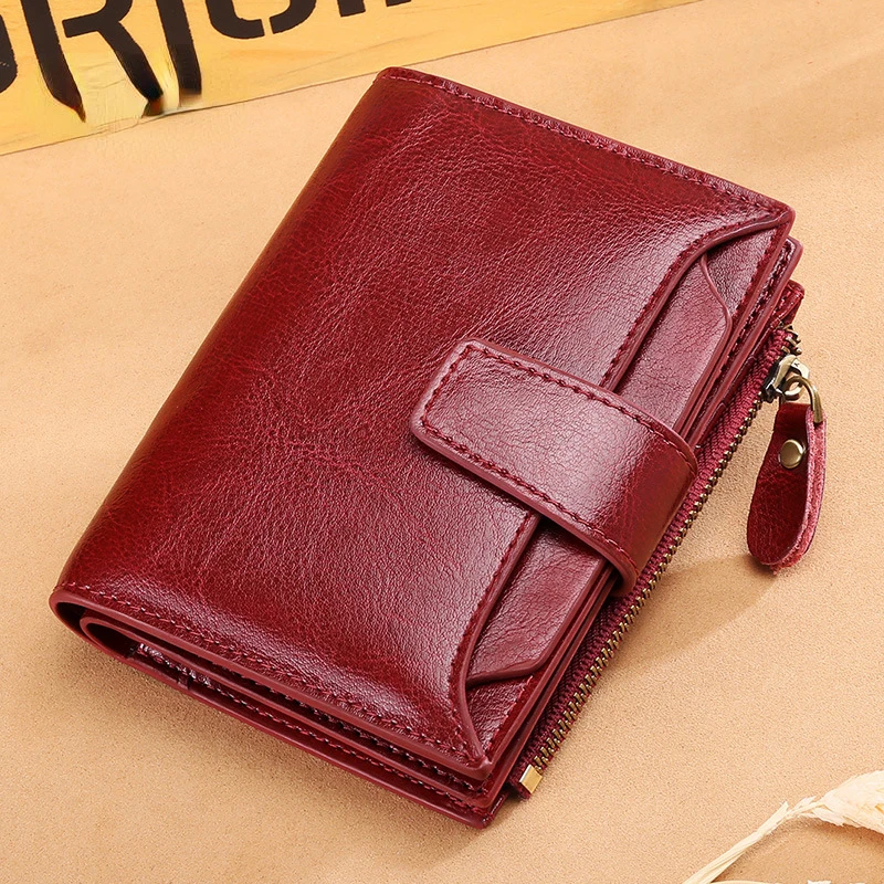 

Genuine Leather Women Short Wallet Luxury Fashion Zipper Coin Purse Female Small Wallet Card Holder Hasp Design Money Bag Bifold