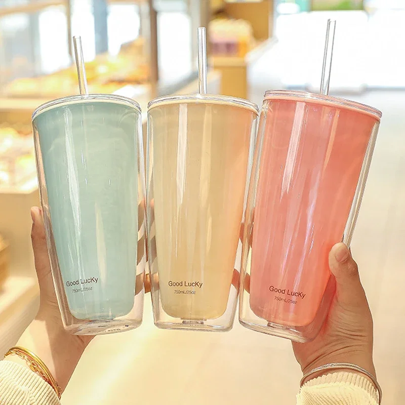 

750ml Double-Layer Plastic Straw Cups With Lids BPA Free Water Bottle For Drinking Tea Coffee Mug Juice Milk Water Cup Drinkware