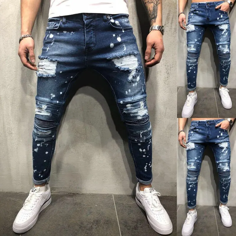 Size 28-40 Men Ripped Jeans Spring Summer Autumn Fashion Casual Hole Slim Fit Skinny Stretch Long Denim Pants Streetwear