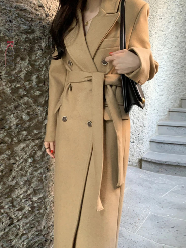 

LANMREM Solid Thicken Warm Belt Waist Woollen Coat For Women Lapel Long Sleeve Double Breasted Casual Outwear Winter 2L2285