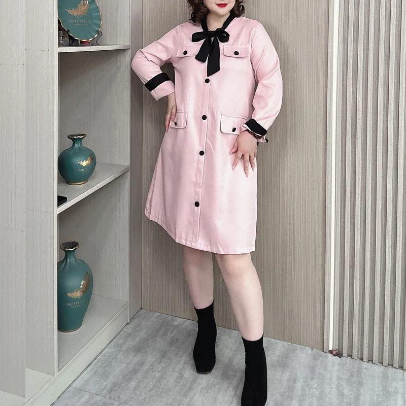 Fall New Plus Size Women Dress French Style Loose Fashion Chic Wind Bow V-Neck Pink Dress 3303