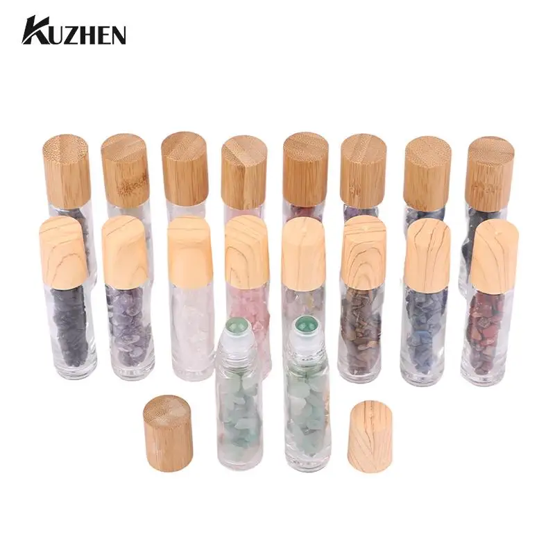 보석 롤러 볼 크리스탈 칩 병 10ml 롤 유리 롤 에센셜 오일 샘플 용기 대나무 뚜껑 내부