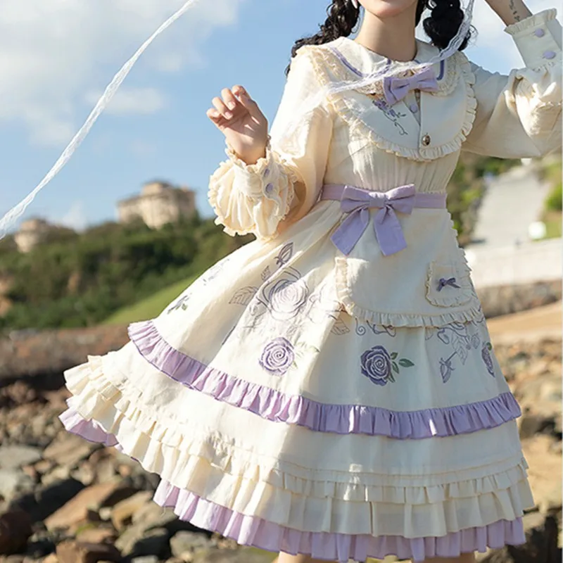 

Full Cotton Lolita Dress Apron Spring Winter Loli Op Rose Print Cosplay Maid Kawaii Clothing Tea Party Victorian Medieval