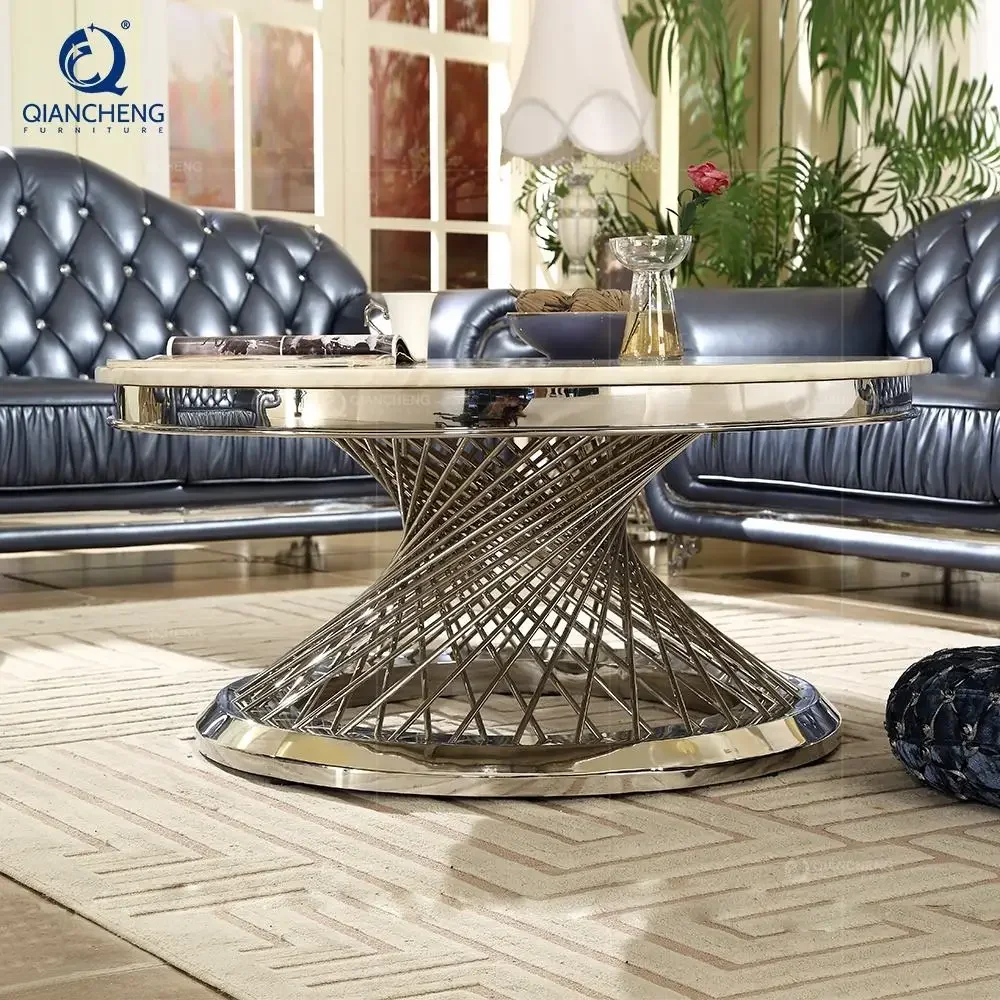Luxury coffee table living room furniture marble table top gold metal stainless steel round coffee