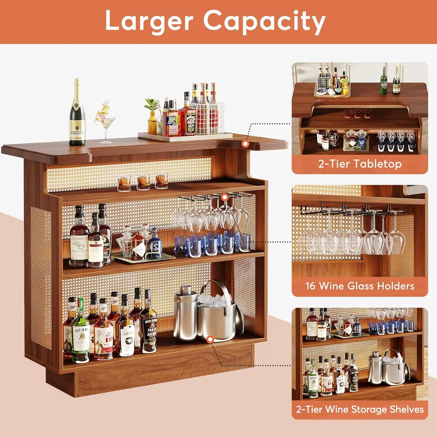 Rattan Home Bar Unit, Farmhouse 4-Tier Bar Table with 4 Stemware Racks and Heightened Base, Liquor Wine Cabinet Mini
