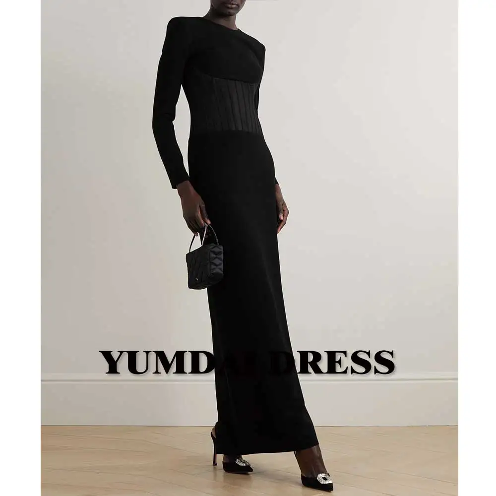 

YUMDAI Black Back Slit Evening Gown Crepe Crew Neck Cutout Floor-length Ball Dress Luxury Saudi Arabian Long Sleeve Gown