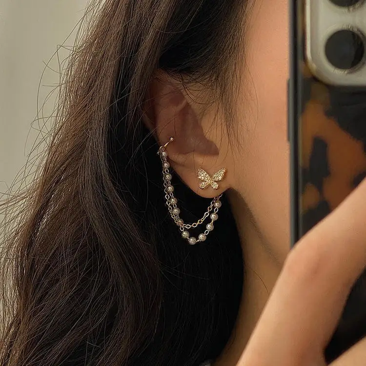 Korean Elegant Cute Rhinestone Butterfly Stud Earrings Women Girls Fashion Metal Chain Jewelry Gifts