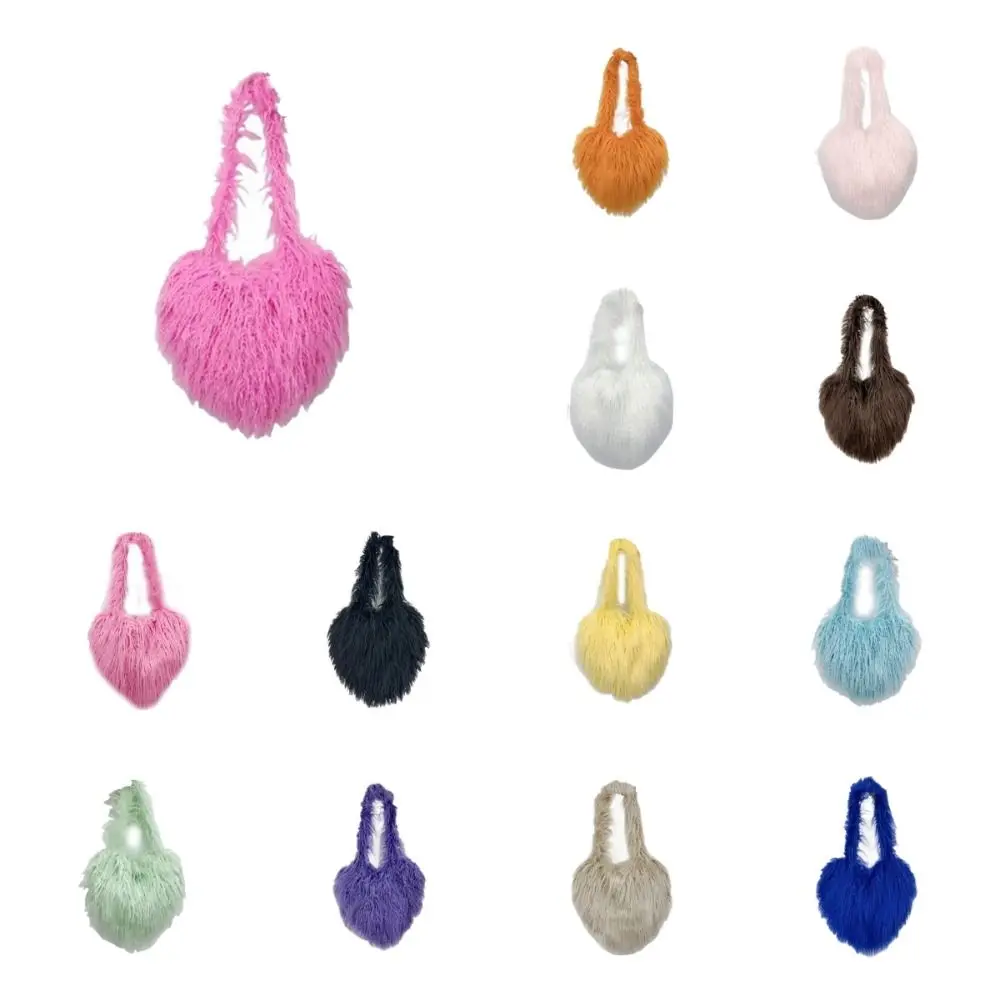 Love Shape Plush Shoulder Bag Faux Fur Korean Style Fluff Rabbit Fur Handbag Shopping Bag Message Bag Heart Crossbody Bag