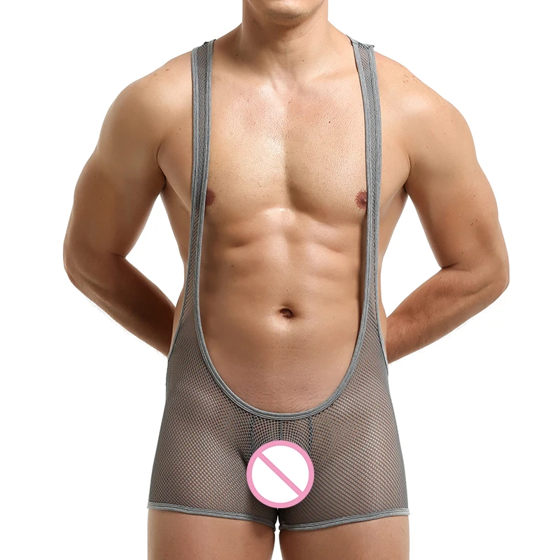 Sexy Mens Undershirts Leotard Erotic Mesh Transparent Jumpsuits Shorts Wrestling Singlet Bodysuits Lingerie Underwear One-piece