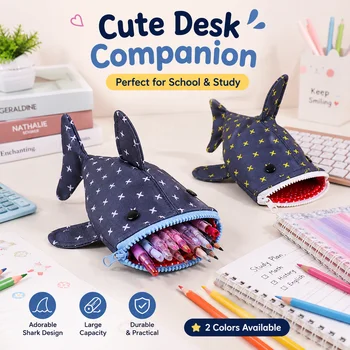 Cute Shark Shaped Pencil Bag, Large Capacity Zipper Pencil Case Desktop Organizer Back to School Stationery for Students 1