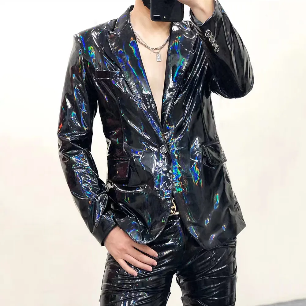 

Black Fancy PU Leather Suit Jacket Men's Plus Size Performance Soft Paint Leather Jacket Nightclub Bar Singer Stage Costume