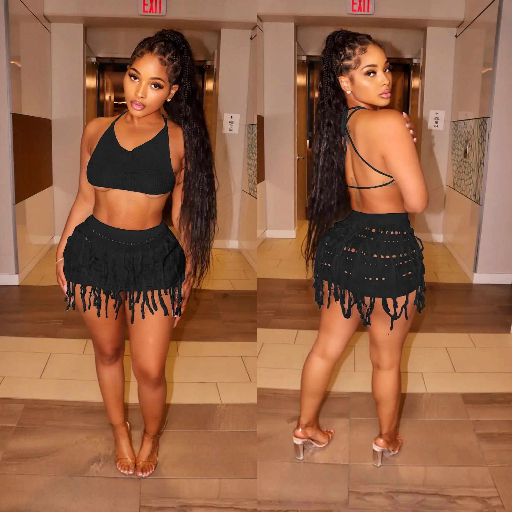 Sexy Knitted 2 Piece Skirt Sets Luxury Mini Dress 2024 Summer Clothes Club Outfit Fringe Dress Tassel Tops Two Piece Skirt Sets
